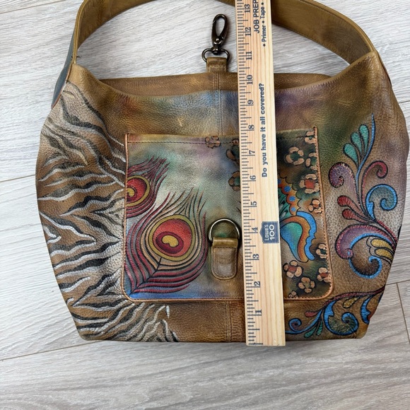 Anuschka Peackcock Bliss Leather Hand-painted Butterfly Floral Shoulder Hobo Bag - Picture 3 of 9